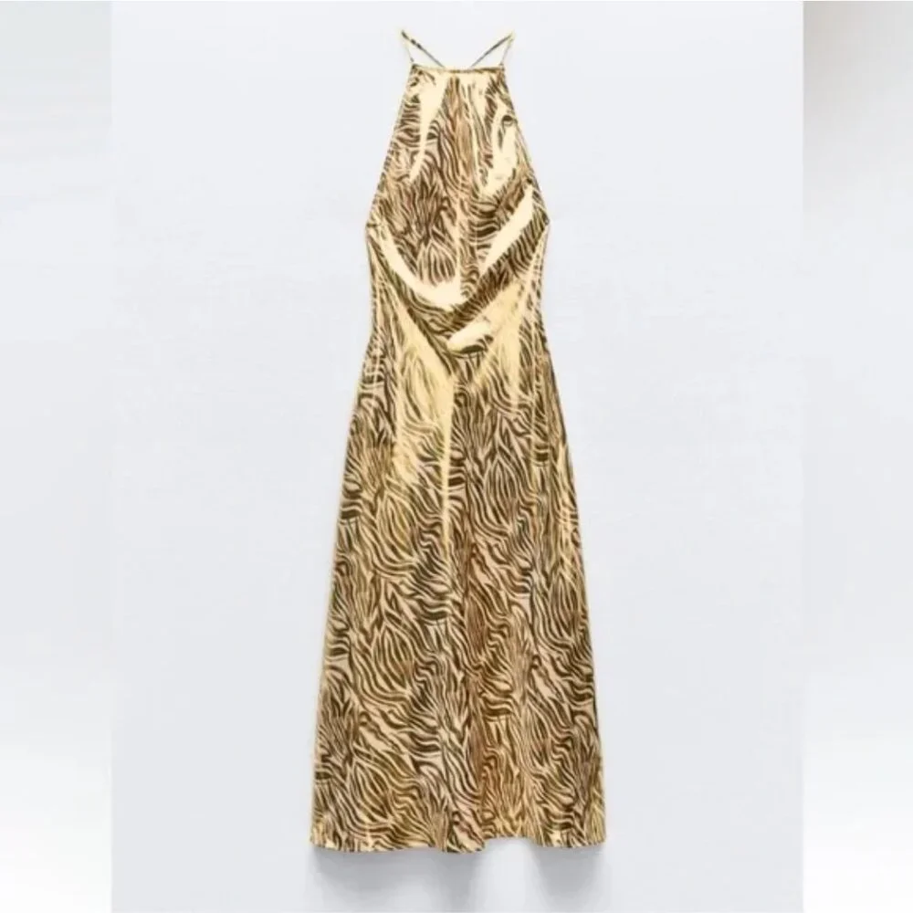 Zara Foil Animal Print Halter Midi Dress